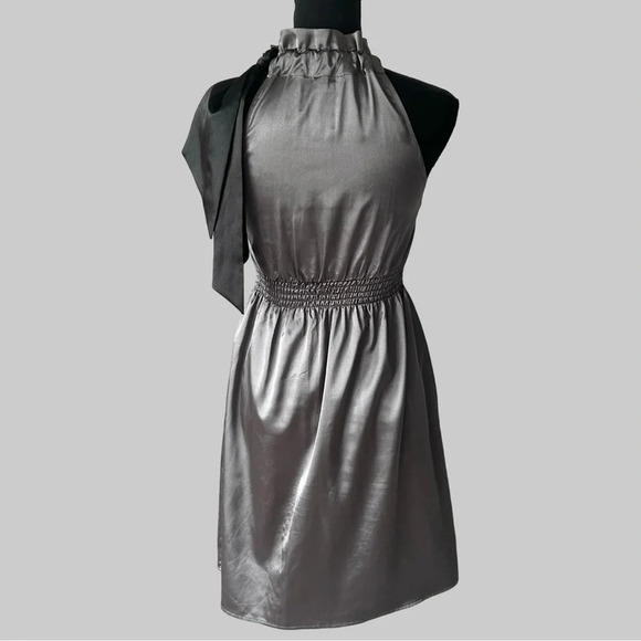 Guess Dark Grey ruffles Mock Neck Satin Dress - Picture 3 of 14